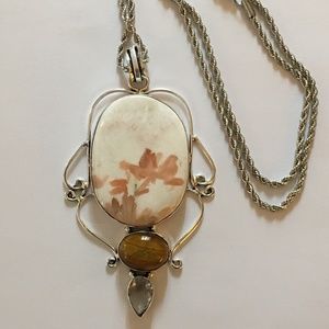 Silver 3 Stone Pendant, Tiger’s Eye, Agate Dendrite, Chain, Handmade, Ivory, Tan